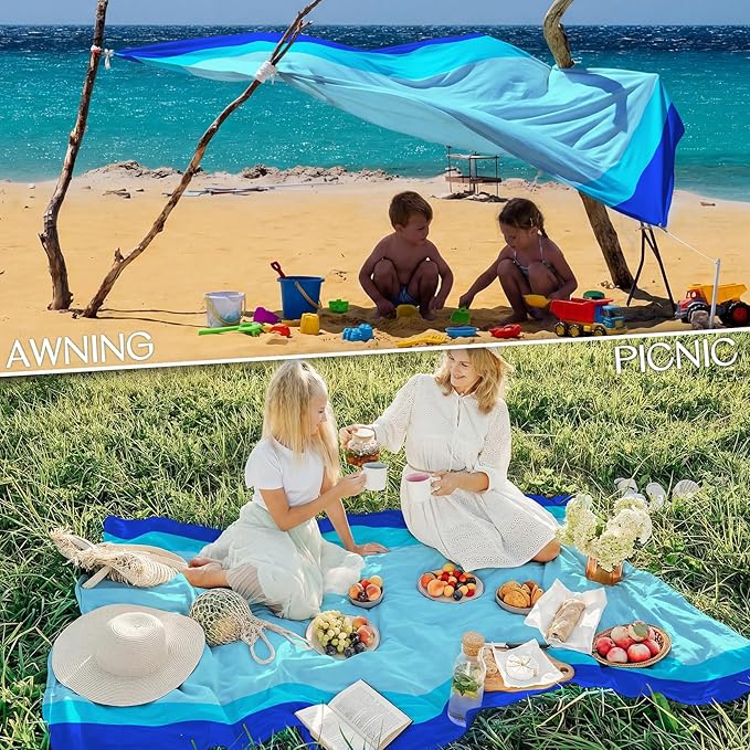BYDOLL Beach Blanket Waterproof Sandproof Large Sand Free,78''X81''/10'X9' Oversized Sandless Lightweight Blanket Picnic Mat for Beach Travel Camping Hiking with Stakes