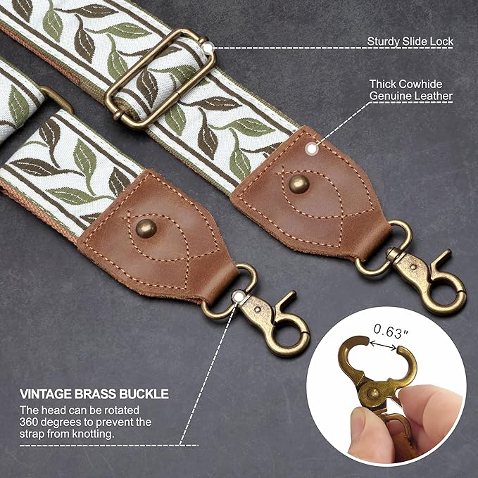 Nefelibata Purse Strap-2"Crazy Horse Leather Bag Strap Adjustable Replacement,Retro Jacquard Embroidery Crossbody Straps
