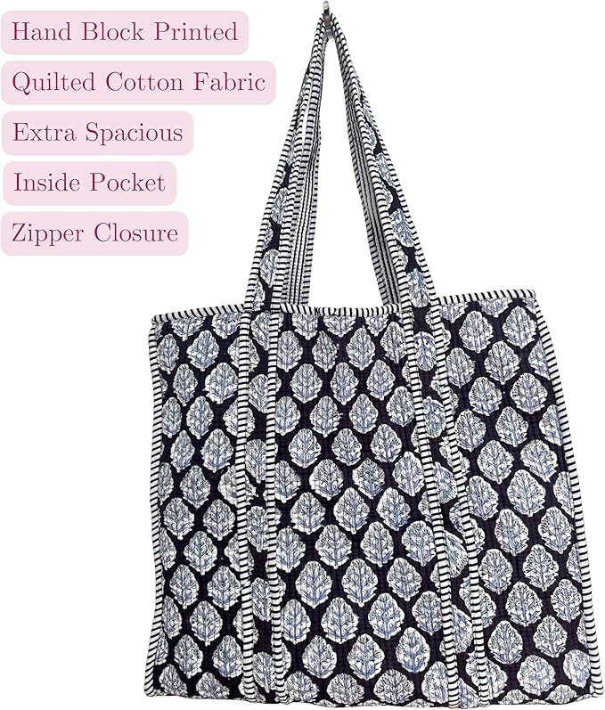 ATOSII Women Handblock Print Quilted 100% Cotton Floral Large Shoulder Tote Bag with Pocket, Zipper for Work, Beach & Travel