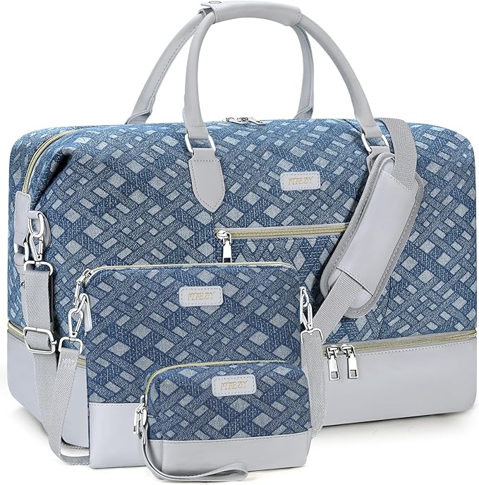 ITIEZY Weekender Overnight Bag for Women - Large Travel Duffel Bag with Shoe Compartment, Gym Duffel Bag Hospital Bag Carry On Tote Bags for Airplanes with Crossbody Bag Toiletry Bag 3Pcs Set