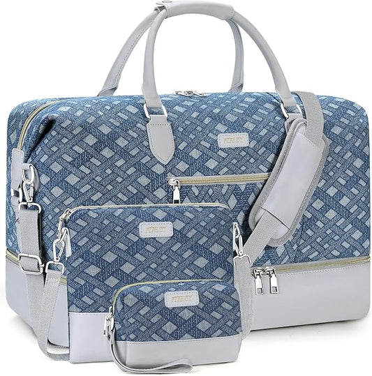 ITIEZY Weekender Overnight Bag for Women - Large Travel Duffel Bag with Shoe Compartment, Gym Duffel Bag Hospital Bag Carry On Tote Bags for Airplanes with Crossbody Bag Toiletry Bag 3Pcs Set