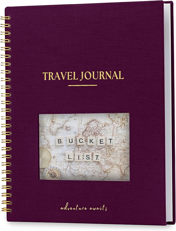 Nook Theory Personalized Travel Journal for Women, Men - Linen Travelers Notebook, Adventure Book with Prompts, Perfect for Travel Gifts (Plum)