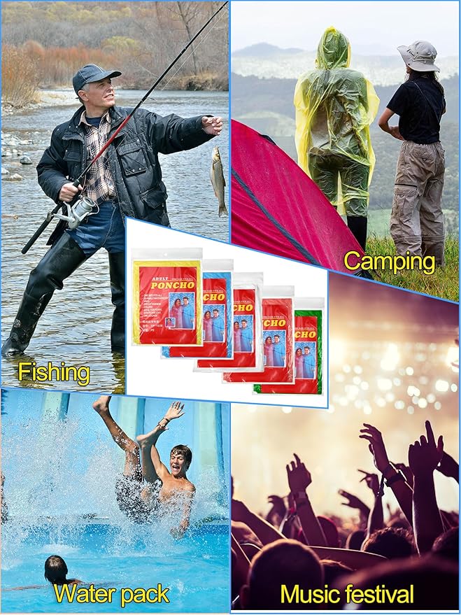 40 Pack Disposable Rain Ponchos for Adults Disposable Ponchos Pack with Drawstring Hood Elastic Sleeves Raincoat for Camping