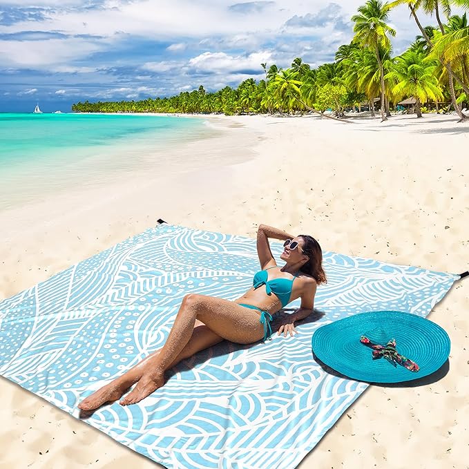 HIHOHO Beach Blanket Waterproof Sandproof Beach Mat for 1-8 Adults Quick Drying Durable Outdoor Picnic Mat for Beach Festival Travel Camping Hiking (BL-Ripple, 120"×108"(8 Person))
