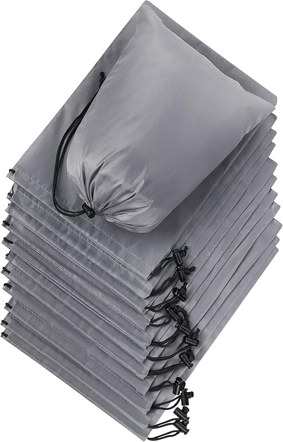 PALTERWEAR Drawstring Pouch with Toggle (8 x 11 Inch, 12 Pack, Grey) Nylon Cinch Bag for Travel, Gym, Camping and Storage