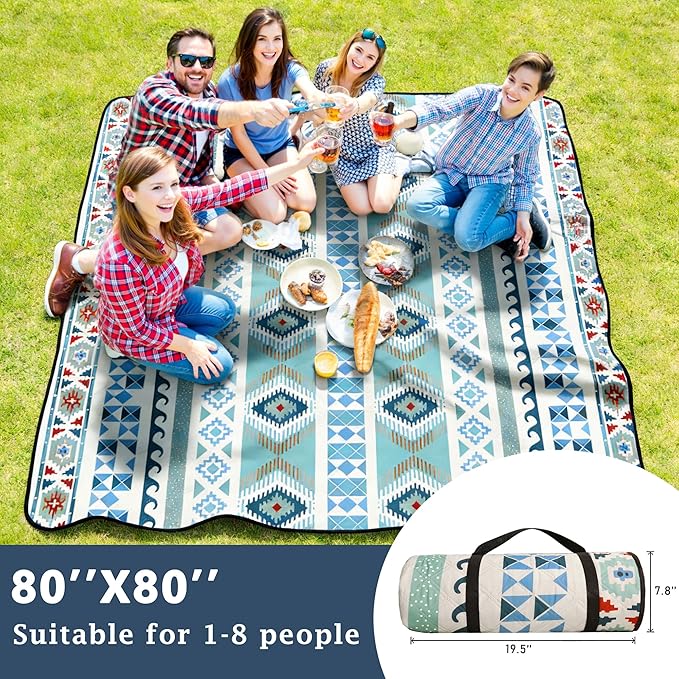 SAMSIER Large Outdoor Picnic Blankets Waterproof Foldable, Beach Blanket Sandproof Portable, Picnic Mat Washable for Camping (80"×80", Thickened)