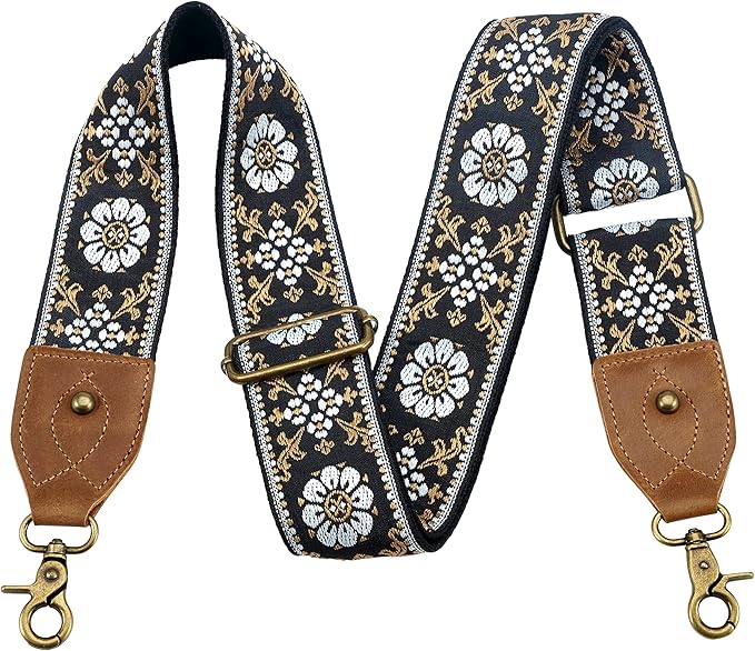 Nefelibata Purse Strap-2"Crazy Horse Leather Bag Strap Adjustable Replacement,Retro Jacquard Embroidery Crossbody Straps