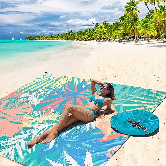 HIHOHO Beach Blanket Waterproof Sandproof Beach Mat for 1-8 Adults Quick Drying Durable Outdoor Picnic Mat for Beach Festival Travel Camping Hiking (Colorful-Palm, 79"×83"(4 Person))