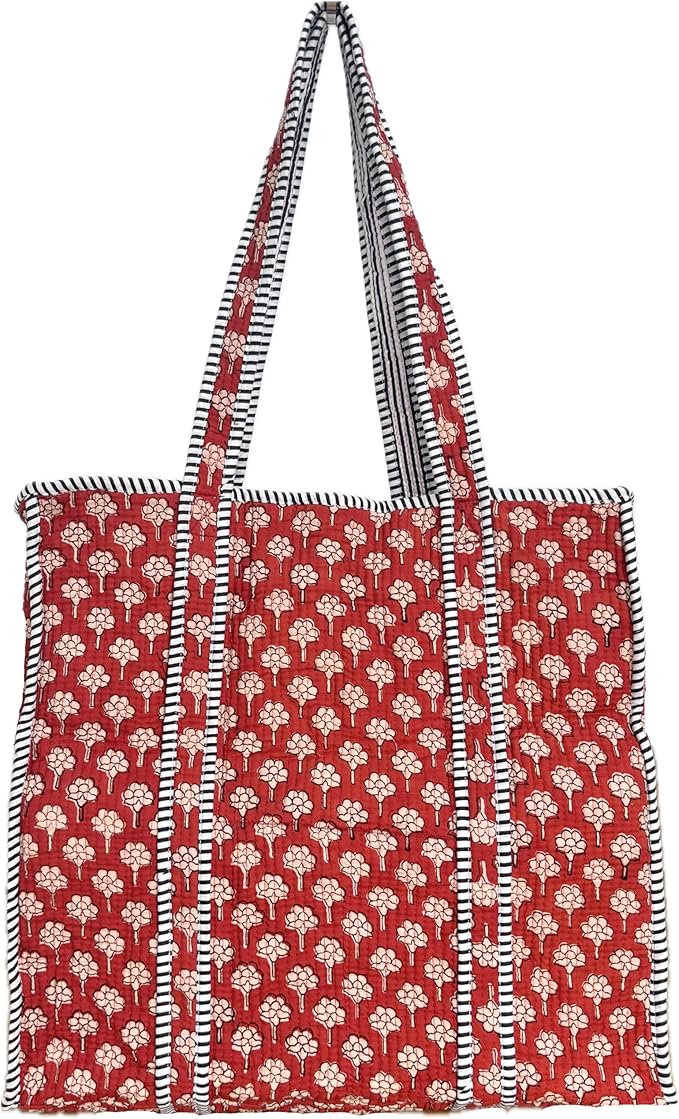ATOSII Women Handblock Print Quilted 100% Cotton Floral Large Shoulder Tote Bag with Pocket, Zipper for Work, Beach & Travel