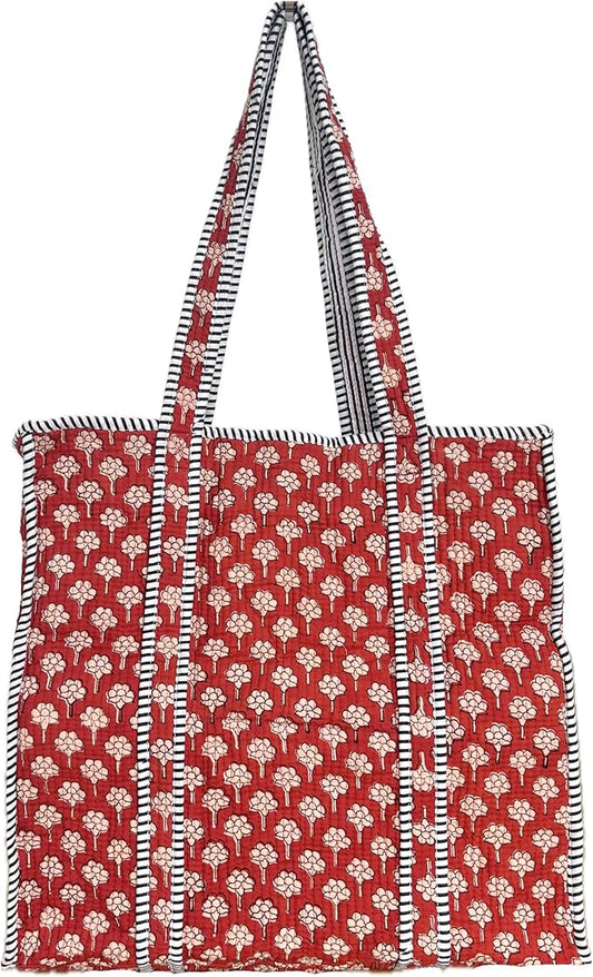 ATOSII Women Handblock Print Quilted 100% Cotton Floral Large Shoulder Tote Bag with Pocket, Zipper for Work, Beach & Travel