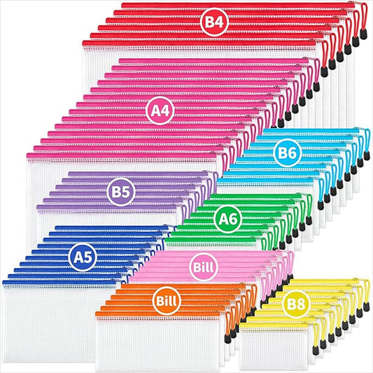 JARLINK 72 Pack 8 Sizes Mesh Pouch, 9 Colors, Waterproof Zipper File Bags Document Multipurpose Travel Bags for Office, School, Board Game, Puzzles, Cosmetics, Travel Accessories, and Home Organize