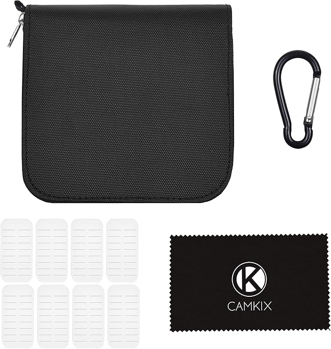 CamKix Memory Card Case - Fits up to 88x SD, SDHC, Micro SD, Mini SD and 4X CF - Holder with 88 Slots (8 Pages) - for Storage and Travel - Microfiber Cleaning Cloth, Carabiner and Labels Included