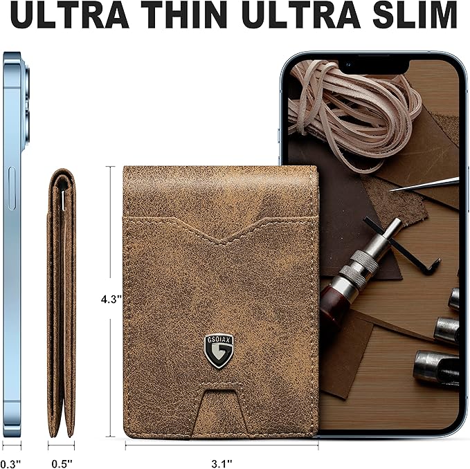 GSOIAX Slim Wallet for Men Rfid Blocking Leather Bifold Front Pocket Carbon Fiber Men's Money Clips Credit Card Holder With Gift Box