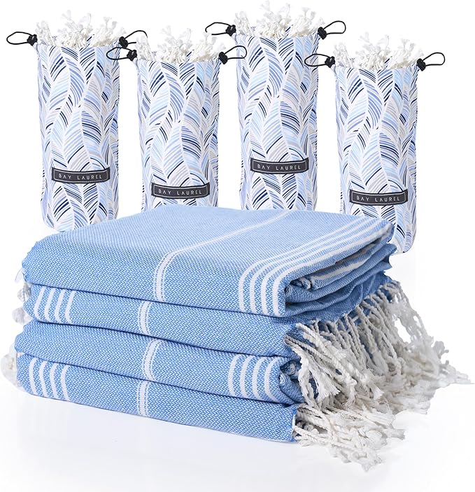 BAY LAUREL 4-Pack Oversized Turkish Beach Towels – Quick Dry, Sand Free Towels with Travel Bags, 39"x71", Lightweight (Pack of 4 - Denim Blue)