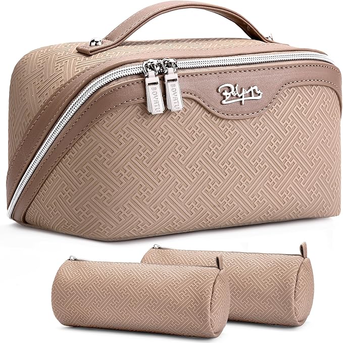 BOYATU Travel Makeup Bags for Women: Vintage Roman Column Texture Large Capacity Cosmetic Bag - Each Journey, Quiet Luxury Serenity - 3 Pcs Set Organizer Toiletry Purse 50% Extra Storage(Beige)