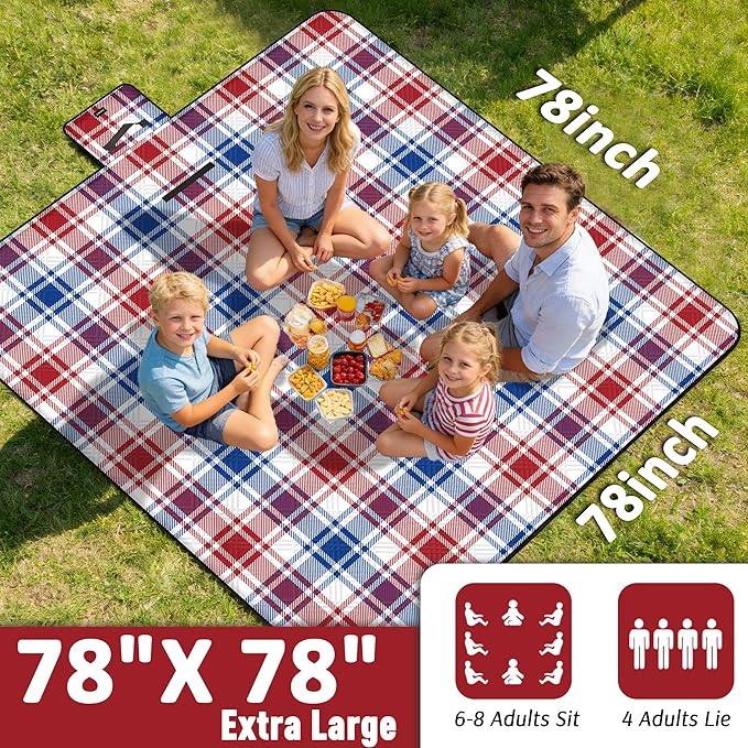 Doonly Picnic Blanket, 78" x 78" Large Waterproof Sandproof Beach Blanket, Foldable Outdoor Blanket Picnic Mat for Beach, Camping, Park, Grass, Lawn, Travel, Patriotic Red White and Blue