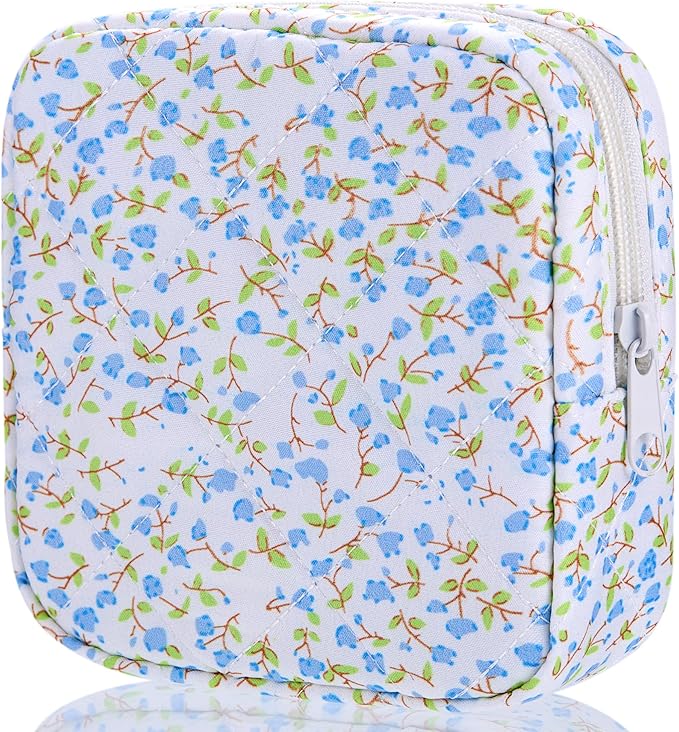 Period Bag for Girls, Quilted Period Pouch for Women, Floral Sanitary Napkin Storage Bag Menstrual Pad Pouches Tampon Holder for Purse Pad Bag Gifts for Teen Girls(Blue)