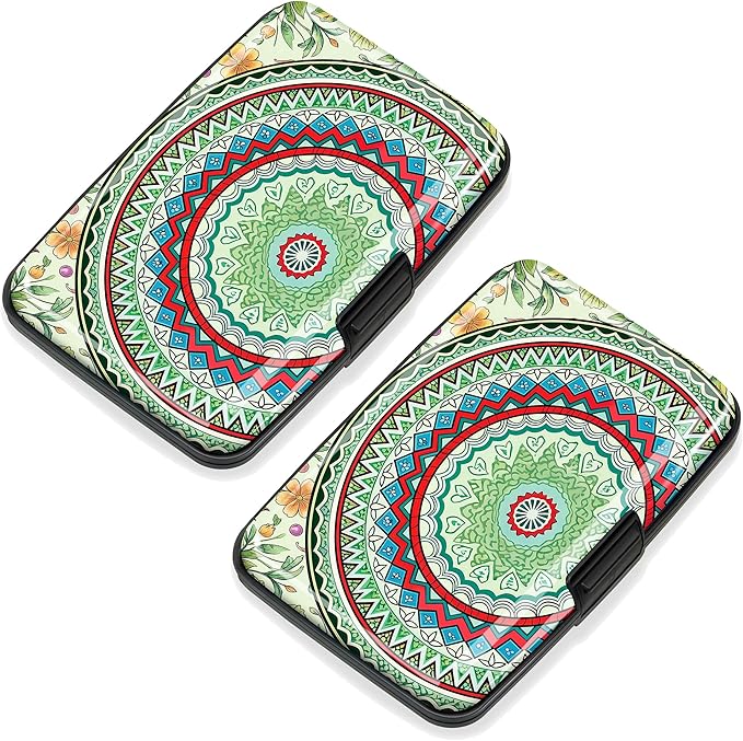 Mayski 2 Pack Credit Card Holder for Women, RFID Blocking, Green Mandala Aluminum Alloy Hard Case, Small Mini Business Metal Wallet for Men