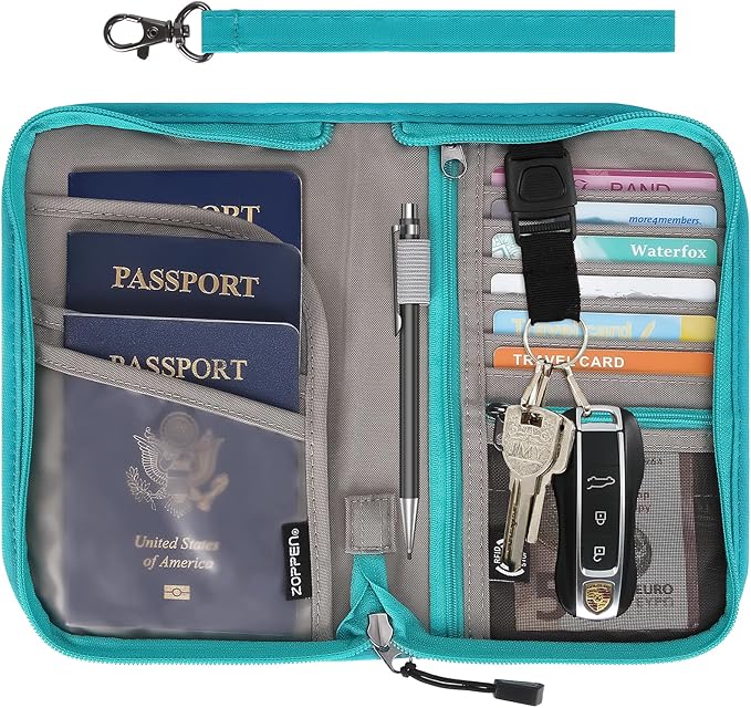ZOPPEN Passport Holder Family RFID Passport Wallet, Passport Holder Women/Men, Travel Wallet Documents Organizer Zipper Case with Removable Wristlet Strap, Travel Essentials for Flying