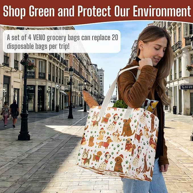 VENO 4 Pack Cute Dog Reusable Grocery Bags, Heavy-Duty Shopping Bags with Handles, for Shopping Cart with Hard Bottom to Stand Upright, Foldable (Holiday Pups, 4 Pack)