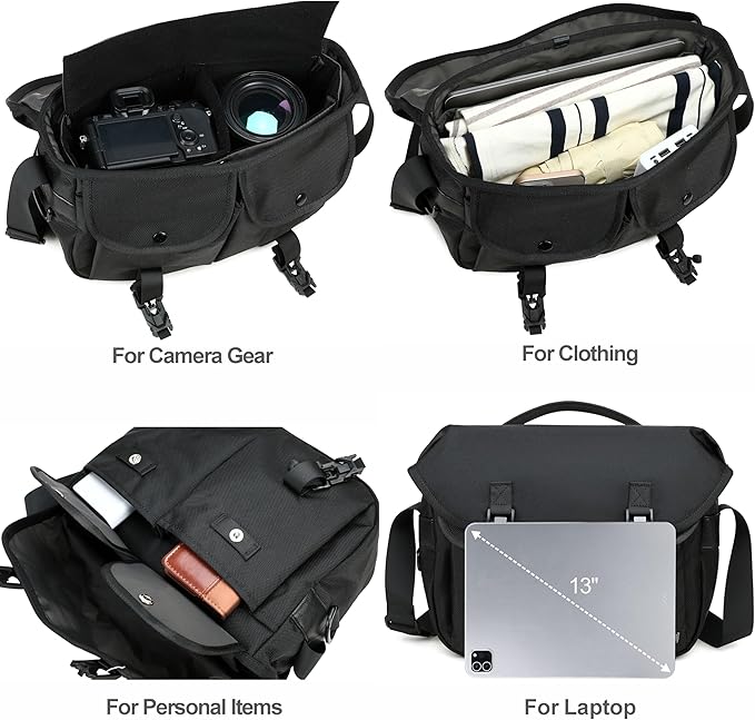 Padwa Lifestyle Black Camera Bag - Nylon Flap Camera Photography Bag with Removable Lining for Single Shoulder & Crossbody and Hand Carry,Weather Resistant Casual Camera Bag for Cameras & Drone