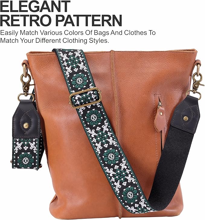 Nefelibata Purse Strap-2"Crazy Horse Leather Bag Strap Adjustable Replacement,Retro Jacquard Embroidery Crossbody Straps