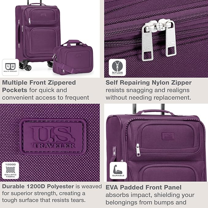 U.S. Traveler Rio Lightweight Softside Rolling Carry-on Suitcase, 4-Wheel Set, Purple