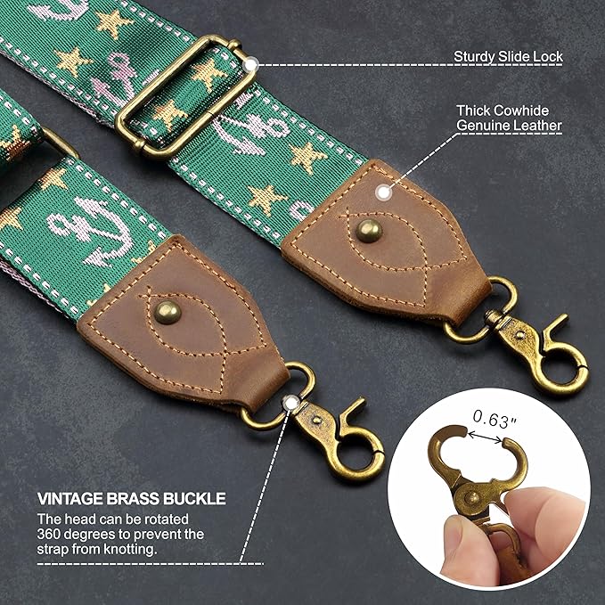 Nefelibata Purse Strap-2"Crazy Horse Leather Bag Strap Adjustable Replacement,Retro Jacquard Embroidery Crossbody Straps