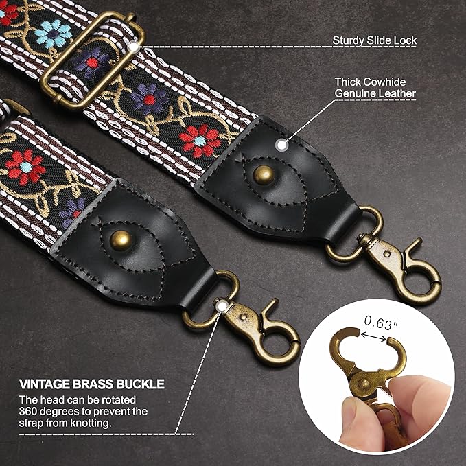 Nefelibata Purse Strap-2"Crazy Horse Leather Bag Strap Adjustable Replacement,Retro Jacquard Embroidery Crossbody Straps
