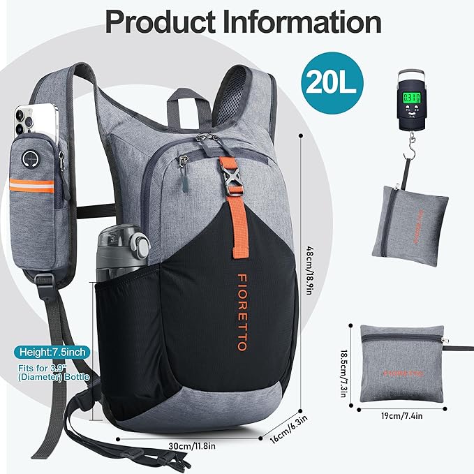 FIORETTO 20L Hiking Backpack for Women Men Mini Packable Backpack Lightweight Small Daypack for Camping Travel Outdoor, Grey and Black