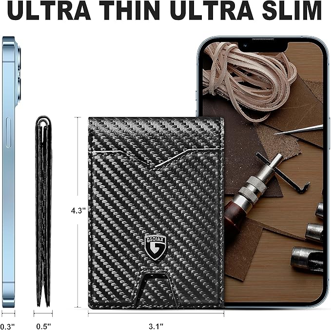 GSOIAX Slim Wallet for Men Rfid Blocking Leather Bifold Front Pocket Carbon Fiber Men's Money Clips Credit Card Holder With Gift Box