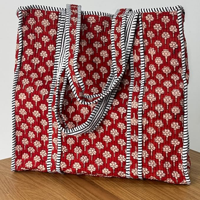 ATOSII Women Handblock Print Quilted 100% Cotton Floral Large Shoulder Tote Bag with Pocket, Zipper for Work, Beach & Travel
