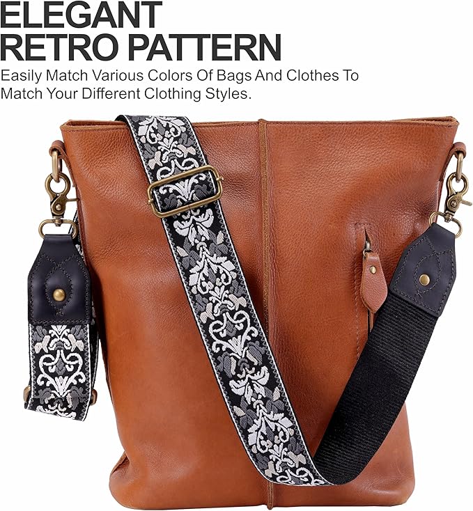 Nefelibata Purse Strap-2"Crazy Horse Leather Bag Strap Adjustable Replacement,Retro Jacquard Embroidery Crossbody Straps