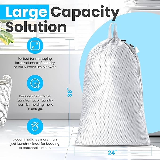Handy Laundry Mesh Laundry Bags 24 x 36 Inches, 2-Pack - Extra Large Heavy Duty Bag with Handles & Shoulder Strap, Breathable, Machine Washable for Dorm, Travel, Bedding & Storage - White