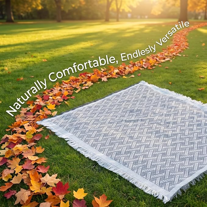 70x70 Bohemian Picnic Mat Extra Large, Sand Proof Outdoor Camping Blanket Machine Washable, Lightweight Portable Travel Tarp for 5-7 Adults Beach Park Grass (Gray-T-Grid)