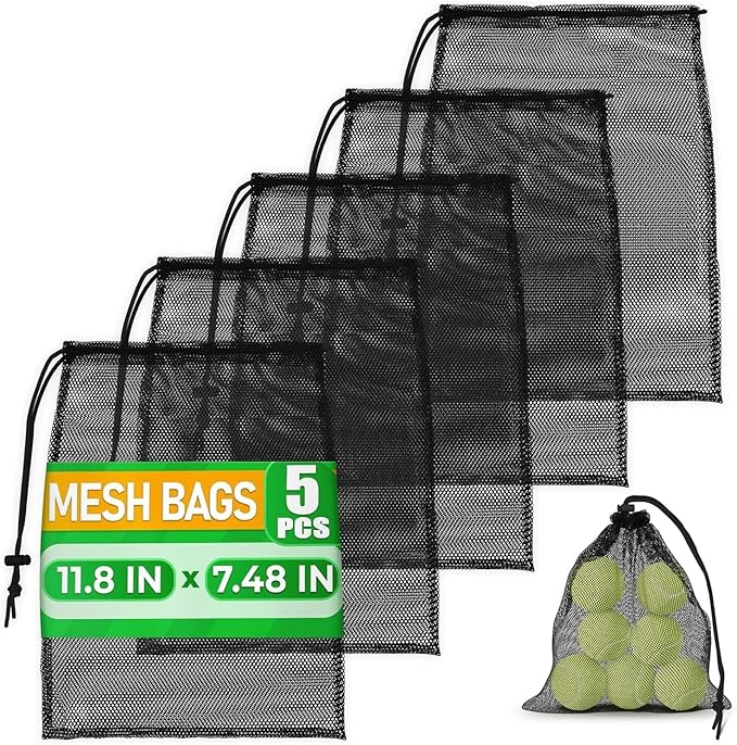5Pcs Small Mesh Bags Drawstring Black Nylon – 11.8x7.48" Secure Cinch-Top, Mesh Bag for Tennis, Pickleball, Golf, Travel, Beach, Sports Equipment, and Mushroom Foraging – Quick-Dry and Tear-Resistant