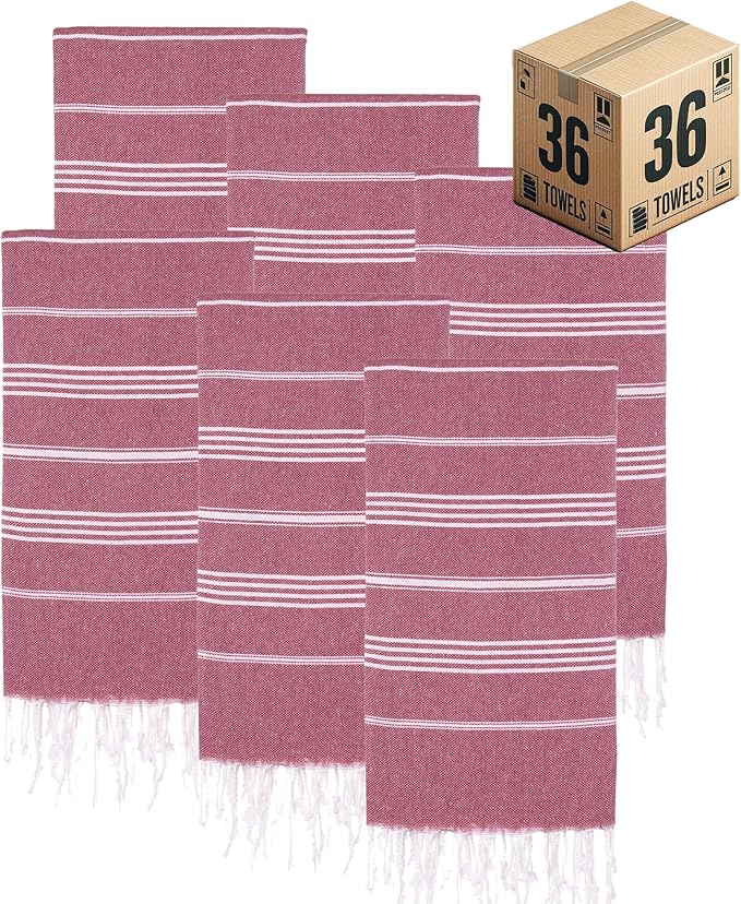 Turkish Beach Towels, Bulk Case of 36 | Oversized, Quick Dry, Sand Free | 100% Cotton, Large 38x71 Towels for Beach, Pool, Travel | Ultra-Soft, Compact, Absorbent | Burgundy