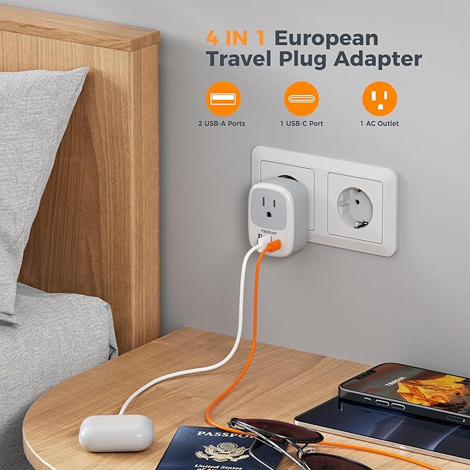 TESSAN European Travel Plug Adapter, Europe Power Adaptor 3 USB Ports (1 USB C), International Type C Outlet Charger to Most of EU Iceland Spain Italy France Germany (Not Voltage Converter)