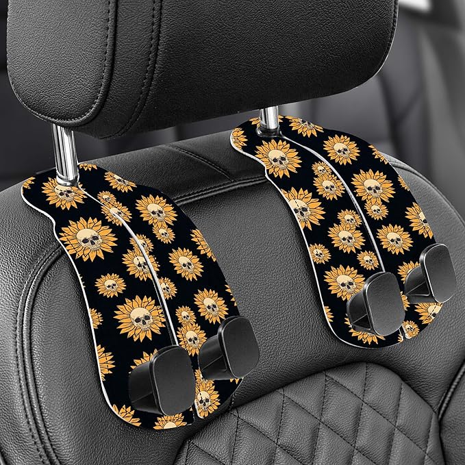 WOCOCN Purse Holder for Car, 2 Pack Heavy Duty Purse Hanger for Car, PU Leather Car Seat Hooks for Purses and Bags, Cute Sunflower Skull Headrest Organizer for Handbags & Backpacks