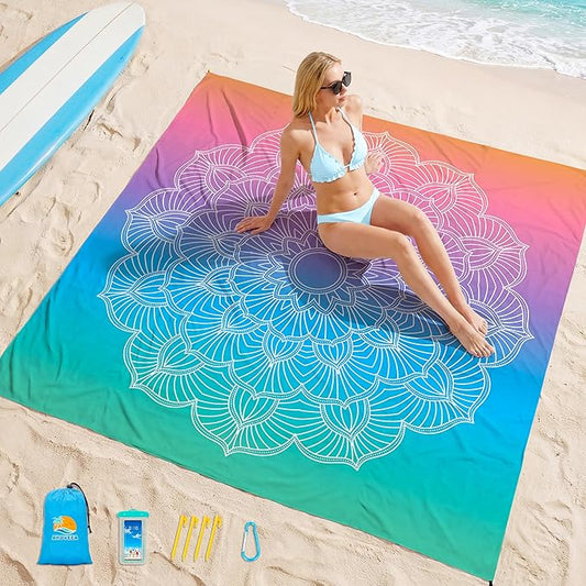 Aroveea Beach Blanket Waterproof Sandproof 1-7 Adult Oversized 78''X81''/10'X9' Lightweight Durable Compact Sand Free Beach Mat for Travel Camping Hiking Picnic Blanket