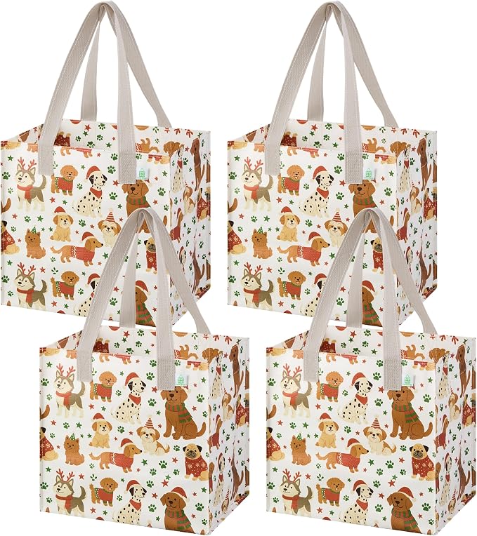 VENO 4 Pack Cute Dog Reusable Grocery Bags, Heavy-Duty Shopping Bags with Handles, for Shopping Cart with Hard Bottom to Stand Upright, Foldable (Holiday Pups, 4 Pack)
