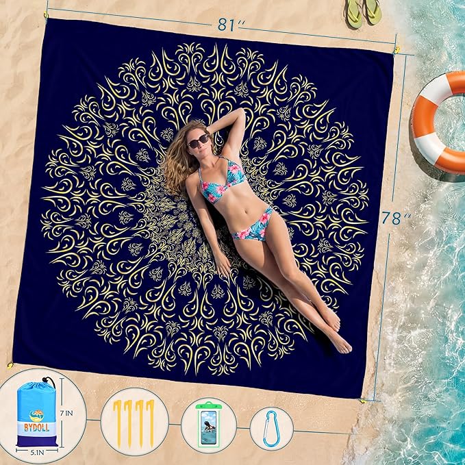 BYDOLL Beach Blanket Waterproof Sandproof Large Sand Free,78''X81''/10'X9' Oversized Sandless Lightweight Blanket Picnic Mat for Beach Travel Camping Hiking with Stakes