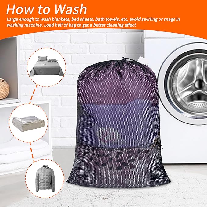 Polecasa Heavy Duty Diamond Mesh Laundry Bags 24x36"- Machine Washable Large Commercial Grade Laundry Bag with Drawstring & ID Tag for College Dorms, Travel, Sports Equipment – Black