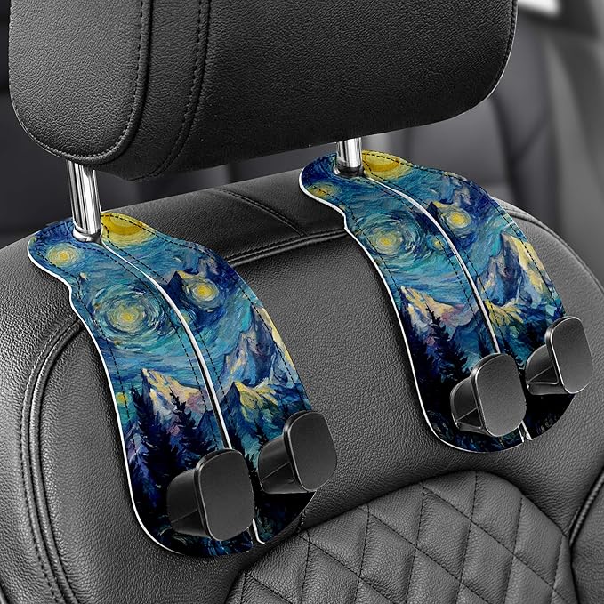 WOCOCN Purse Holder for Car, 2 Pack Heavy Duty Purse Hanger for Car, PU Leather Car Seat Hooks for Purses and Bags, Cute Starry Sky Mountain Headrest Organizer for Handbags & Backpacks