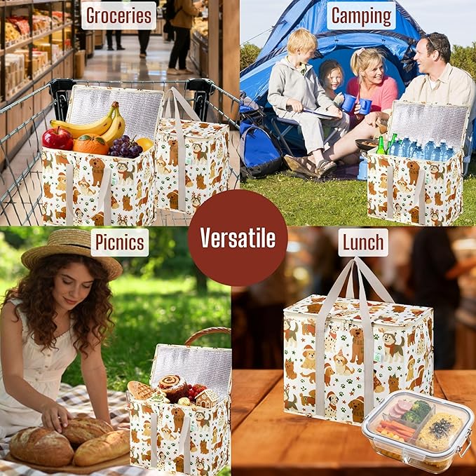 VENO 2 Pack Insulated Cooler Bag for Food Delivery, Reusable Grocery Shopping Bag, Heavy Duty, Large Size, Durable Handles, Double Zippers, Lid, Collapsible (Holiday Pups, 2 Pack)