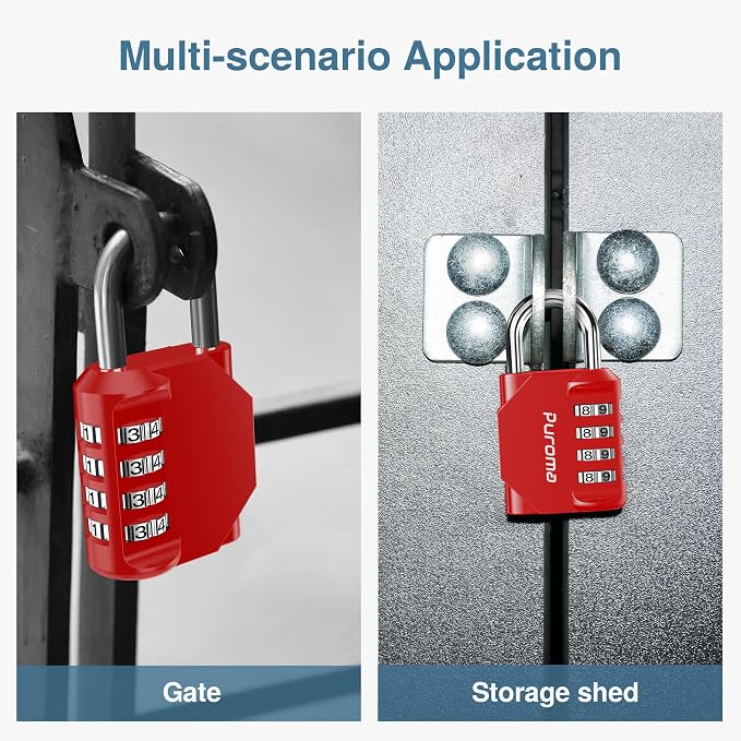 Puroma 2 Pack Combination Lock 4 Digit Padlock for School Gym, Sports Locker, Fence, Toolbox, Case, Hasp Storage (Red)