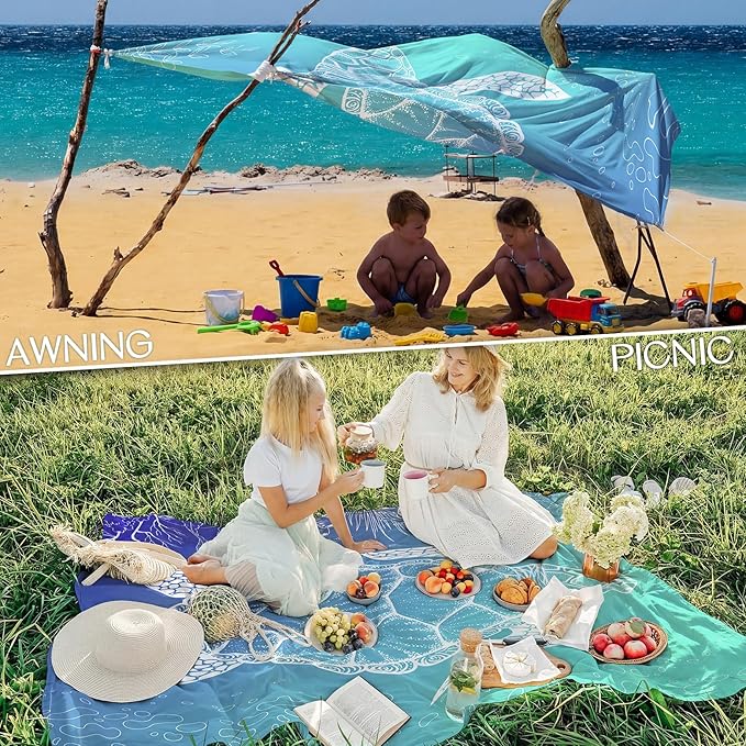 BYDOLL Beach Blanket Waterproof Sandproof Large Sand Free,78''X81''/10'X9' Oversized Sandless Lightweight Blanket Picnic Mat for Beach Travel Camping Hiking with Stakes