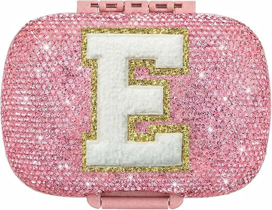 Cute Pill Organizer Small Bling Pill Case for Purse Medicine Vitamin Container Holder Daily Pill Box Container for Women Travel Medicine Kit(Letter E Pink)