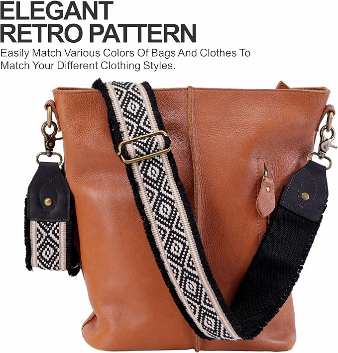 Nefelibata Purse Strap-2"Crazy Horse Leather Bag Strap Adjustable Replacement,Retro Jacquard Embroidery Crossbody Straps