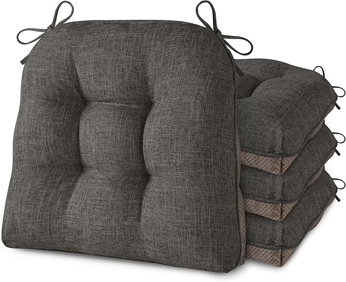 AddGrace Chair Cushions for Dining Chairs Set of 4 Kitchen Seat Cushions with Ties and Non Slip Backing Tufted Indoor Seat Pad for Kitchen Dining Room 18" x 17" x 3" Dark Grey